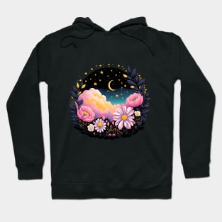 Aesthetic Clouds Starry Sky with Pink Flowers Hoodie